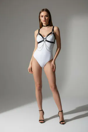 Black Women's Belt Chain Detailed Leather Body Accessory - APFT952