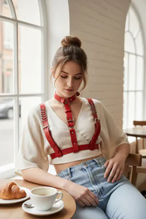 Red Women's Belt Collar Detailed Multi-Strap Accessory - APFT969