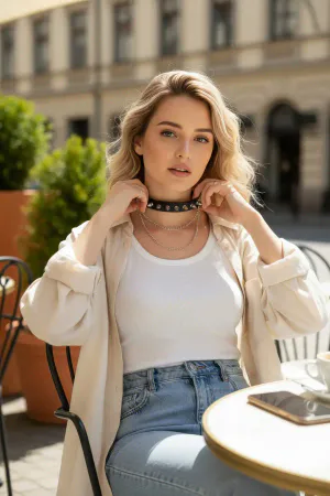 Black Choker Leather Necklace with Staple Detail - APFT975