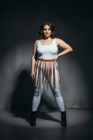 Plus Size Tan Leather Look Accessory Skirt with Hoop Detail - APFT579