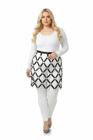 Plus Size Black Skirt Fancy Leather Look Harness with Metal Ring Detail - APFT694