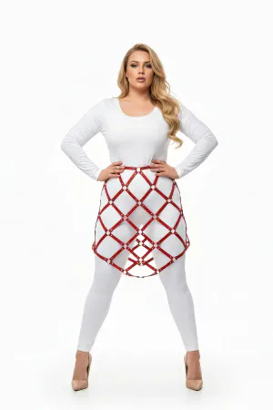 Plus Size Red Leather Skirt Harness Body Accessory with Lattice Knit Design - APFT982
