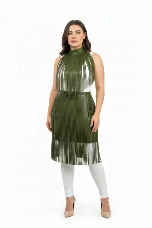 Plus Size Khaki Leather Long Skirt with Tassel Detail - APFT997