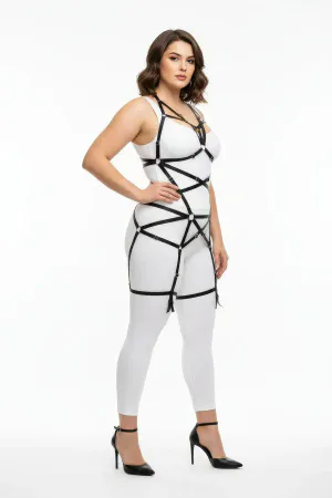 Plus Size Black Women's Rubber Harness Set Ring Detailed Body Accessory - APFT348