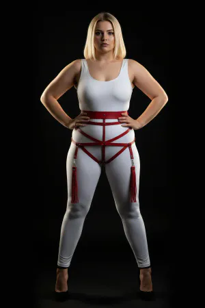 Plus Size Red Women's Harness Suit Tassel Detailed Leather Body Accessory - APFT397