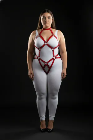 Plus Size Red Women's Harness Set with Sexy Ring Detail Leather Accessory - APFT514