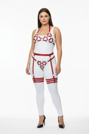 Plus Size Red Women's Leather Harness Set Ring Detailed Garter Fancy Accessory - APFT530