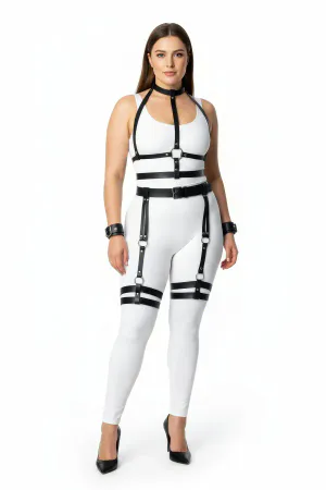 Plus Size Black Women's Harness Suit with Garter Leather Body Accessory - APFT697