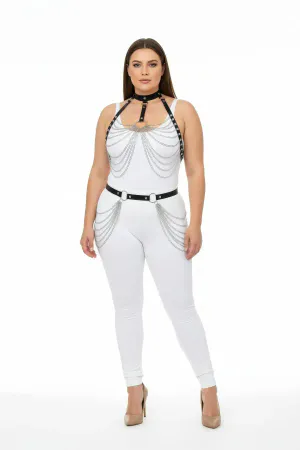 Plus Size Black Women's Harness Suit Chain Detailed Leather Fancy Accessory - APFT701
