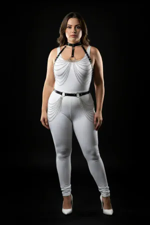 Plus Size Black Women's Harness Suit Chain Detailed Leather Fancy Accessory - APFT701