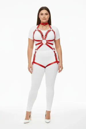 Plus Size Red Women's Leather Harness Set with Chain and Garter Detail - APFT781