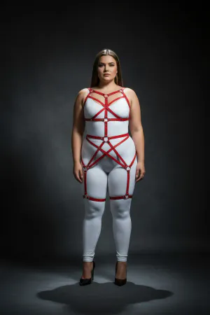 Plus Size Red Women's Harness Suit Full Body Leather Fancy Accessory - APFT894
