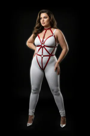 Plus Size Red Women's Leather Harness Set Fancy Body Accessory - APFT243