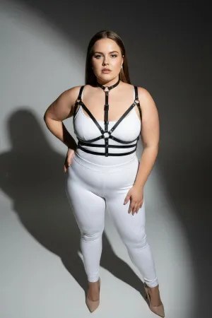 Plus Size Black Women's Leather Harness Suit with Neck Collar and Ring Detail - APFT235