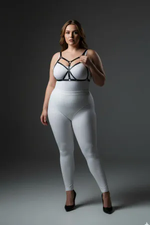 Plus Size Black Women's Leather Harness Suit Fancy Wear Ring Detailed - APFT265