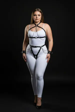 Plus Size Black Women's Leather Harness Set with Chain and Garter Detail - APFT1224