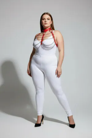 Plus Size Red Women's Leather Harness Suit Chain Detailed Stylish Accessory - APFT1285