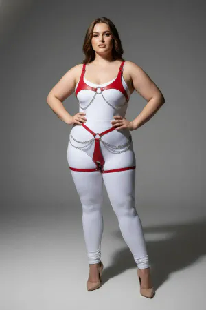 Plus Size Red Women's Leather Harness Suit Chain Detailed Body Accessory - APFT1384