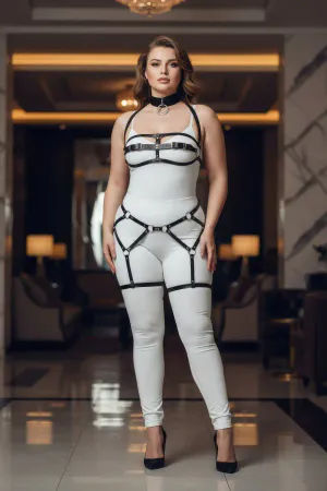 Plus Size Black Women's Garter Harness Suit Leather Body Accessory with Leash - APFT242