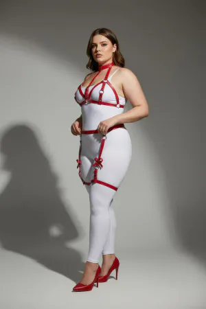 Plus Size Red Women's Leather Look Garter Harness Set with Bow Detail - APFT310