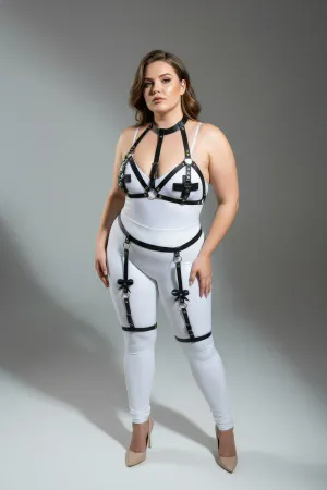 Plus Size Black Women's Leather Garter Harness Bustier Detailed Fantasy Set - APFT310