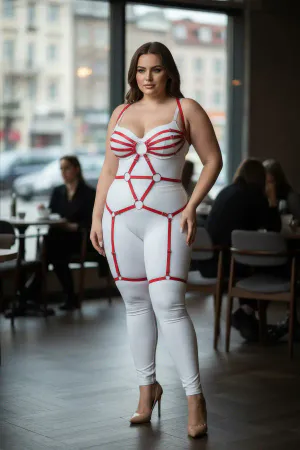 Plus Size Red Women's Garter Harness Full Body Ring Detailed Fantasy Accessory - APFT568
