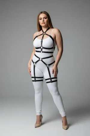 Plus Size Black Women's Leather Garter Harness Stylish Accessory with Waist and Leg Detail - APFT598