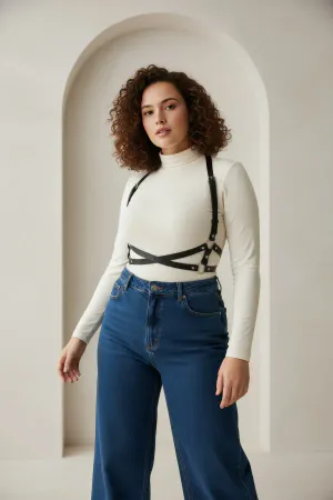 Plus Size Black Women's Belt Leather Harness Body Accessory with Cross Detail - APFT204