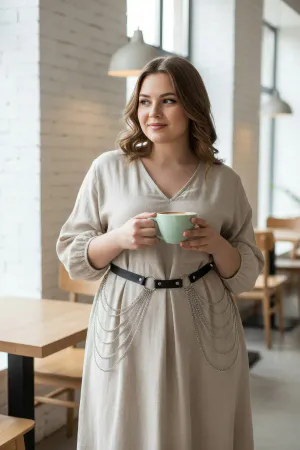 Plus Size Black Women's Leather Belt Chain Detailed Dress Top - APFT391