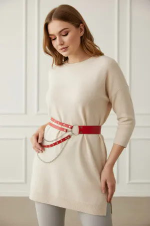 Plus Size Red Women's Belt Chain Detailed Leather Waist Accessory - APFT586