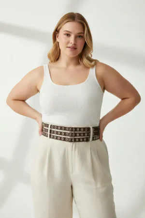 Large Size Dark Brown Women's Wide Belt with Three Rows of Metal Rings - APFT641