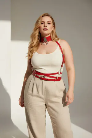 Plus Size Red Women's Belt Leather Harness with Metal Ring Detail - APFT644