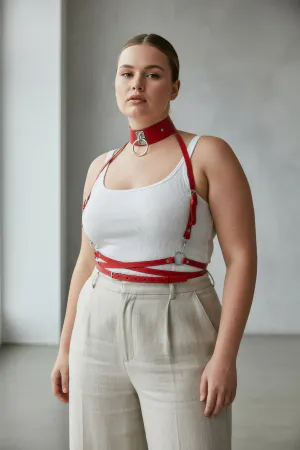 Plus Size Red Women's Belt Leather Harness with Metal Ring Detail - APFT644