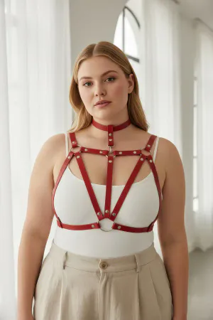 Plus Size Red Women's Belt & Ring Detailed Leather Harness Body Accessory - APFT747