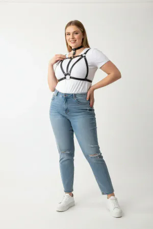 Plus Size Black Women's Belt Leather Body Accessory with Choker Detail - APFT747