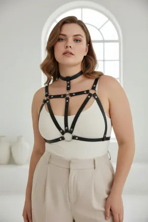 Plus Size Black Women's Belt Leather Body Accessory with Choker Detail - APFT747