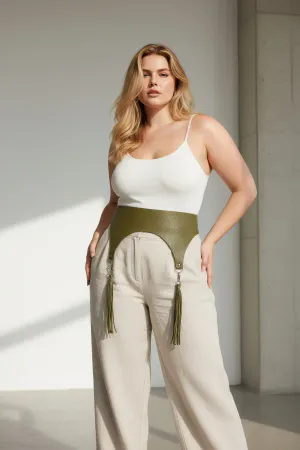 Plus Size Khaki Women's Belt Wide Leather with Tassel Detail - APFT755