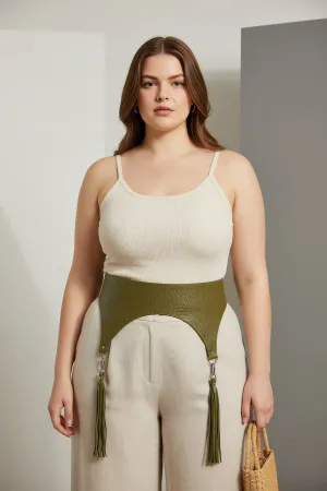 Plus Size Khaki Women's Belt Wide Leather with Tassel Detail - APFT755