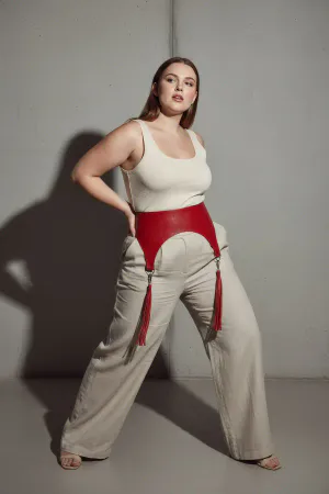 Plus Size Red Women's Belt Tassel Detailed Leather Corset Design - APFT755