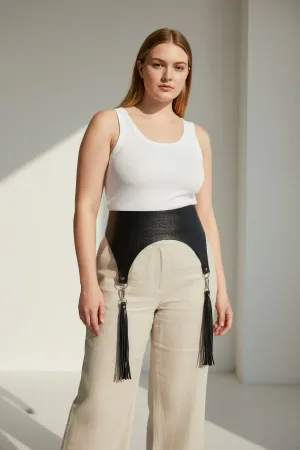 Large Size Black Women's Belt Wide Tassel Detailed Waist Accessory - APFT755