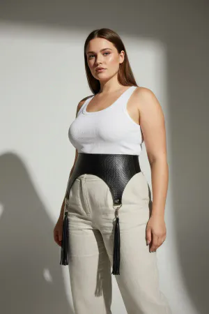 Large Size Black Women's Belt Wide Tassel Detailed Waist Accessory - APFT755