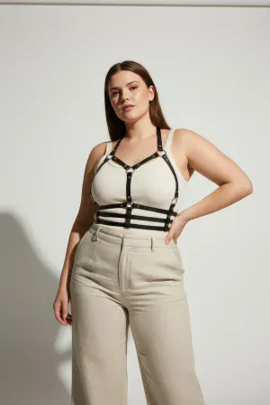 Plus Size Black Women's Belt Leather Harness with Metal Detail - APFT760