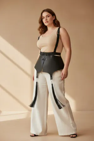 Plus Size Black Women's Leather Corset Belt with Shoulder Strap and Tassel Detail - APFT787