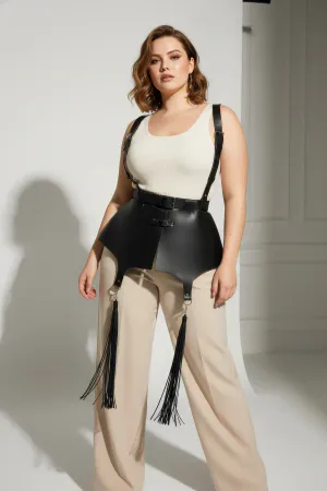 Plus Size Black Women's Leather Corset Belt with Shoulder Strap and Tassel Detail - APFT787