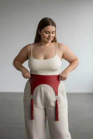 Plus Size Red Women's Belt Corsage Model with Tassel Detail - APFT788