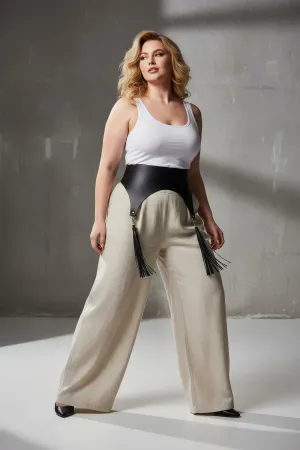 Plus Size Black Women's Belt Wide Corset Model with Tassel Detail - APFT788