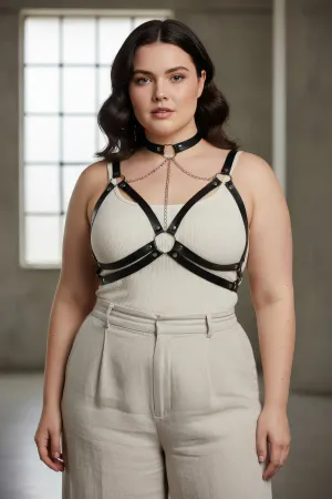 Plus Size Black Women's Belt Chain Detailed Leather Harness Body Accessory - APFT797