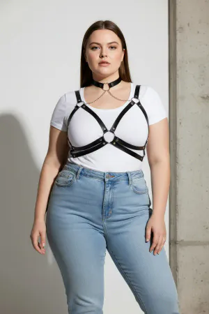 Plus Size Black Women's Belt Chain Detailed Leather Harness Body Accessory - APFT797