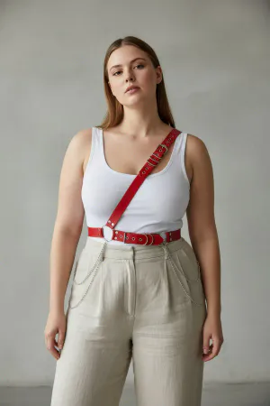 Plus Size Red Women's Leather Harness Belt Chain Detailed Body Accessory - APFT813