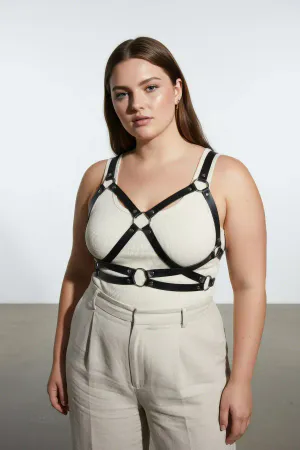 Plus Size Black Women's Belt & Ring Detailed Leather Harness Body Accessory - APFT816